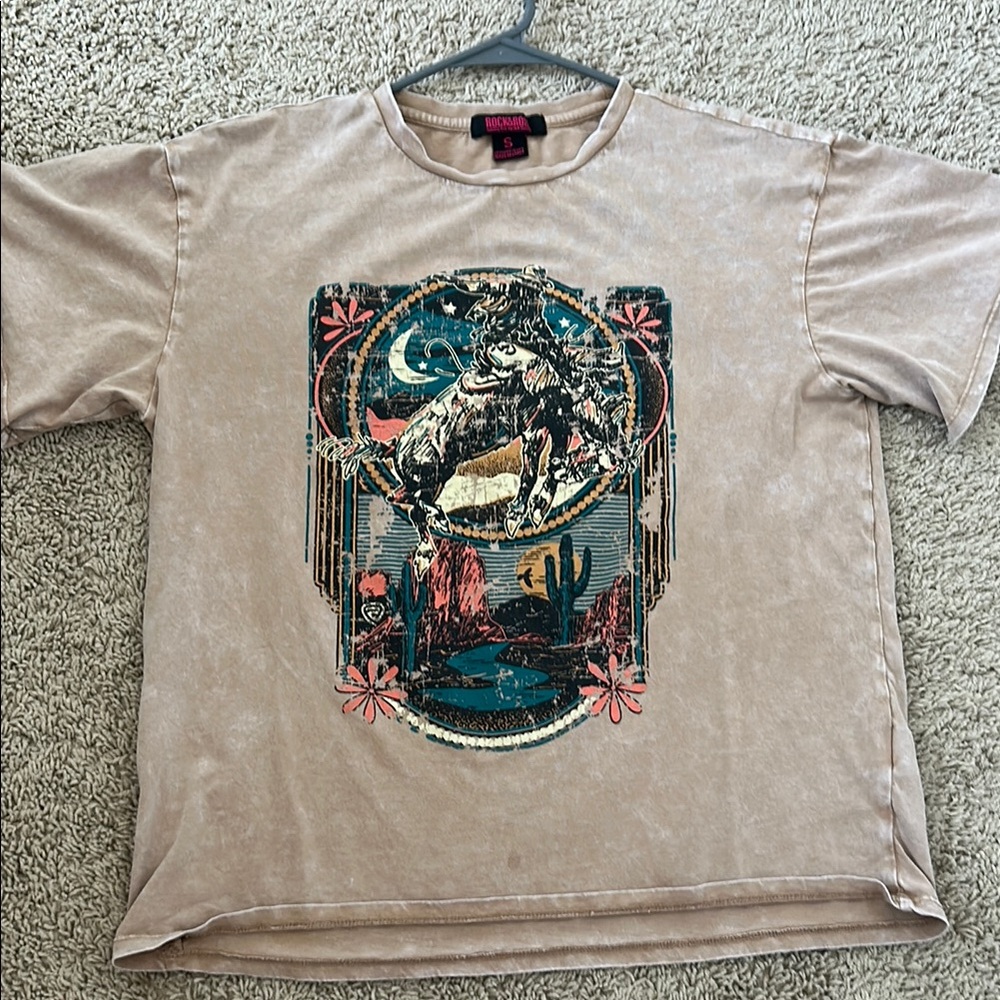 Rock & Roll Cowgirl Tan Short Sleeve Tee with Artistic Graphic